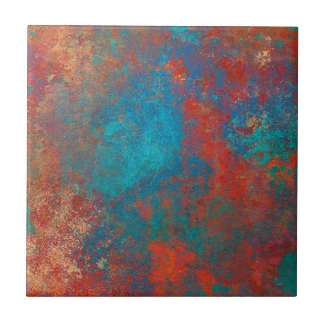 Boho Copper Blue Orange Red Grunge Ceramic Tile (Front)