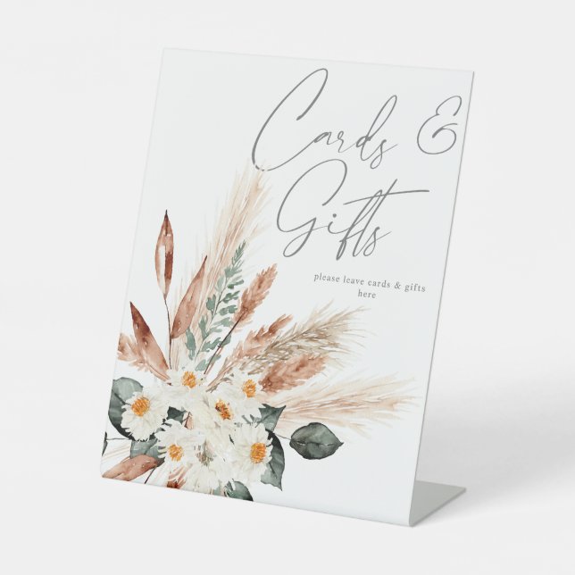 Boho Copper Pampas & Beige Floral Cards & Gifts Pedestal Sign (Front)