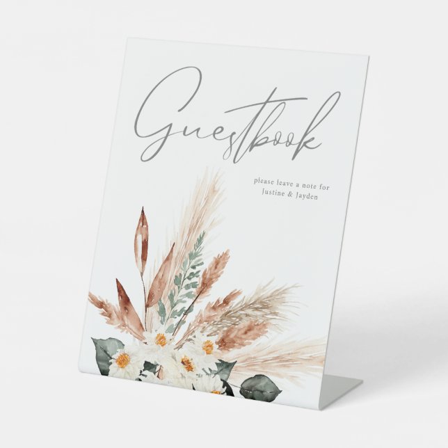 Boho Copper Pampas & Beige Floral Guestbook Pedestal Sign (Front)