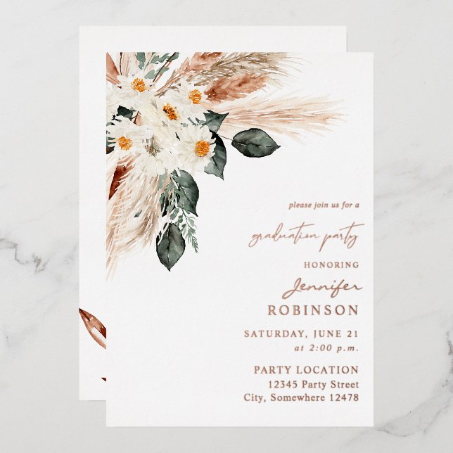 Boho Copper Pampas Floral Graduation Party (Front/Back)