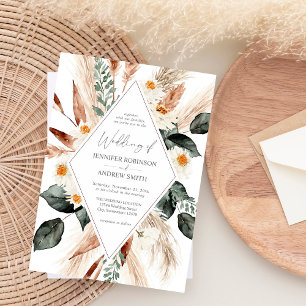 Boho Copper Pampas Grass & Beige Floral Wedding Invitation