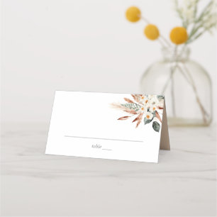Boho Copper Pampas Grass & Beige Floral - White Place Card