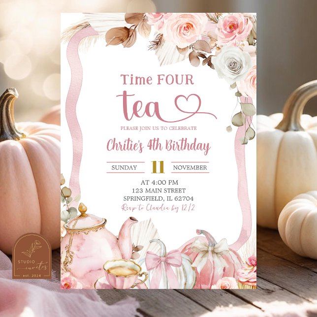 Boho Coquette Pink Time FOUR tea Birthday Invitation (Creator Uploaded)
