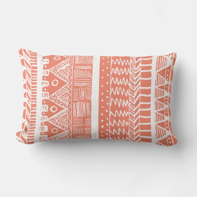 Boho Coral Aztec Lumbar Cushion (Front)