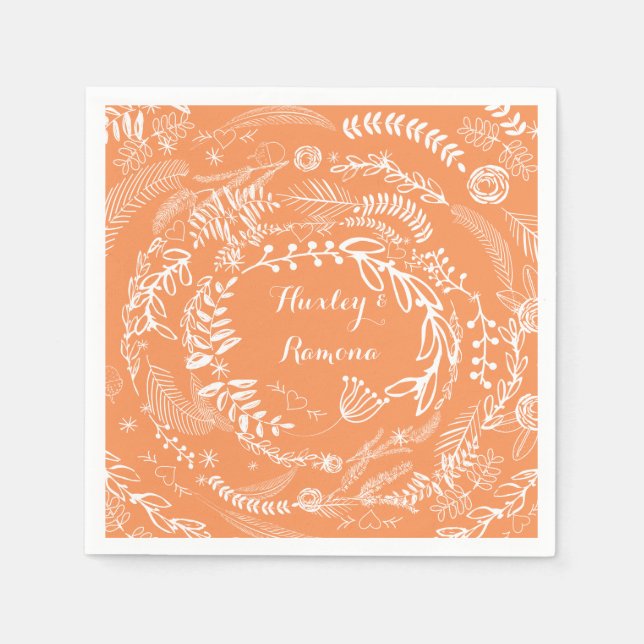 Boho Coral Twigs & Leaves Floral Garland Napkin (Front)