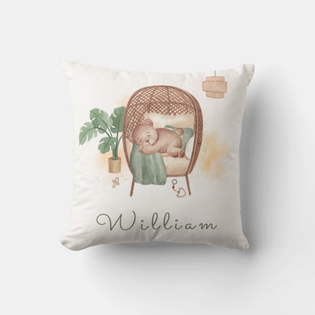Boho Cosy Teddy Bear Sleep Monogram Nursery Cushion (Front)