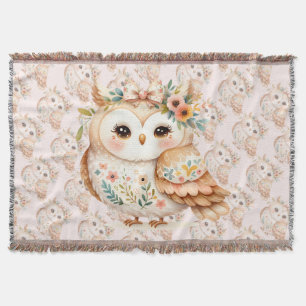 Boho Cottagecore Owl Floral Farmcore Charm Throw Blanket