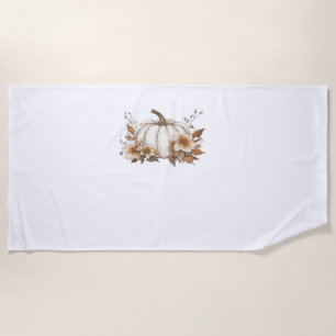 Boho Cottagecore White Pumpkin with Autumn Florals Beach Towel