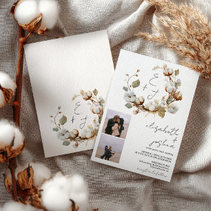 Boho Cotton Wreath Photo Rustic Initials Wedding Invitation