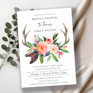 BOHO COUNTRY BLUSH ANTLER FLORAL BRIDAL SHOWER INVITATION