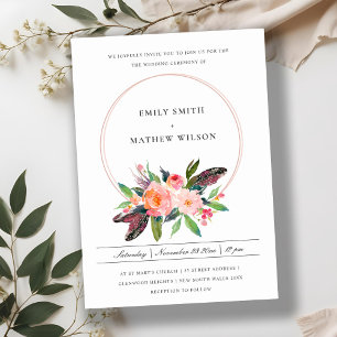 BOHO COUNTRY FEATHER BLUSH FLORAL WREATH WEDDING INVITATION