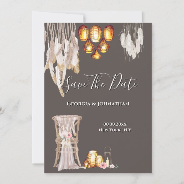 Boho country macrame lantern lights feather chic save the date (Front)