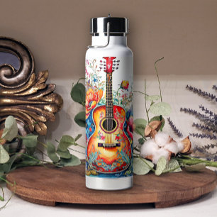 Boho Country Western Floral Guitar Add Name Water Bottle