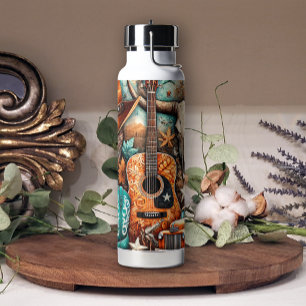 Boho Country Western Guitar Cowgirl Water Bottle