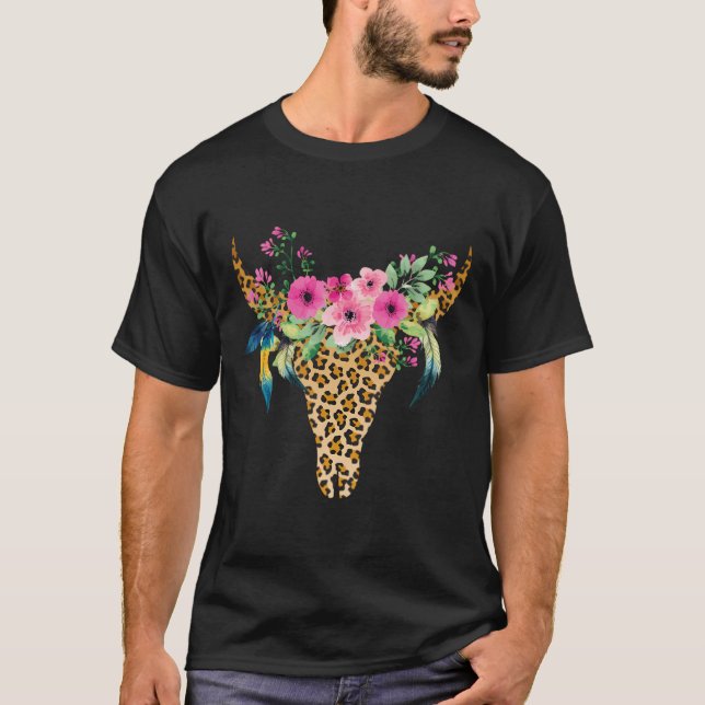 Boho Cow Bull Skull Leopard Gift For Cattle Lover T-Shirt (Front)