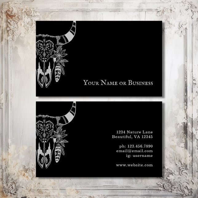 Boho Cow Skull Black and White Bohemian Business Card (Boho Cow Skull Black and White Bohemian Business Card)