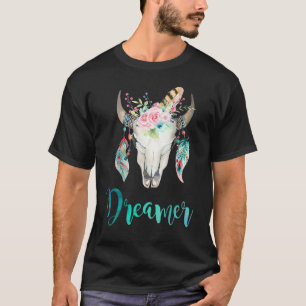 Boho Cow Skull Floral And Feather T-Shirt