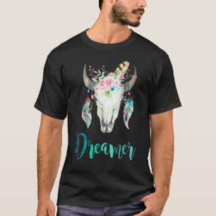 Boho Cow Skull Floral And Feather T-Shirt