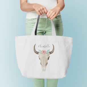 Boho Cow Skull Large Tote Bag