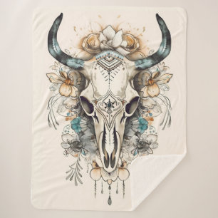 Boho Cow Skull with Flowers, Flower Cow Skull Sherpa Blanket
