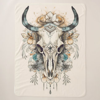 Boho Cow Skull with Flowers, Flower Cow Skull Sherpa Blanket