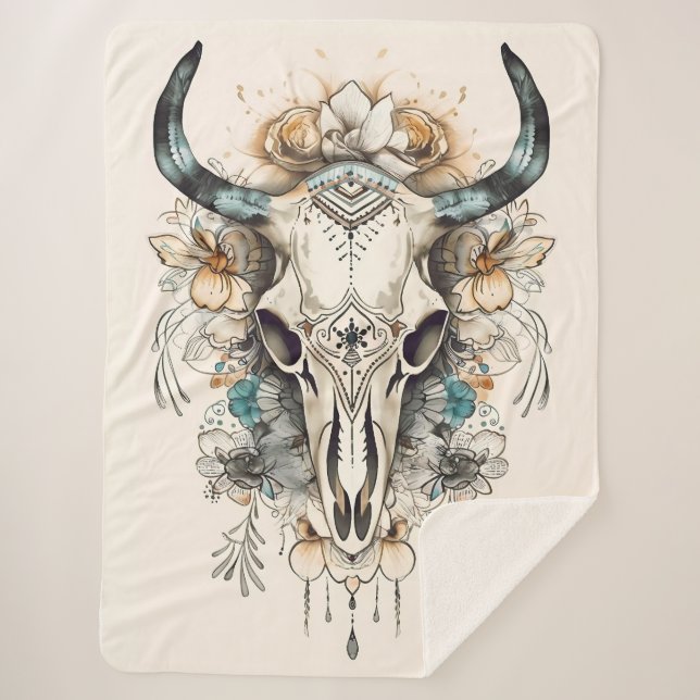 Boho Cow Skull with Flowers, Flower Cow Skull Sherpa Blanket (Front)