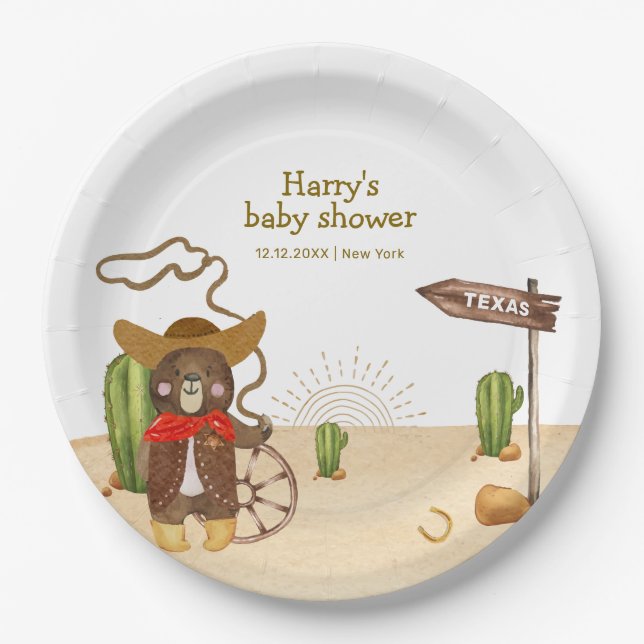 Boho Cowboy Bear Western Rodeo Cactus Baby Shower  Paper Plate (Front)