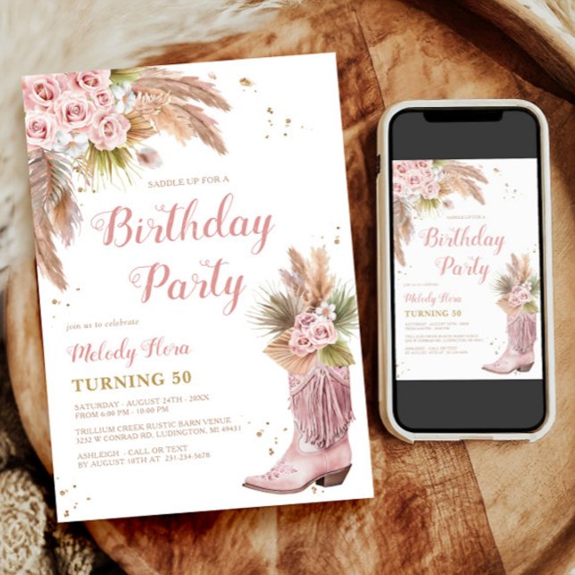 Boho Cowgirl Boot Pampas Grass Roses 50th Birthday Invitation (Boho Cowgirl Boot Pampas Grass Roses 50th Birthday Invitation)