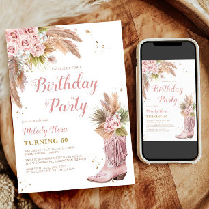 Boho Cowgirl Boot Pampas Grass Roses 60th Birthday Invitation