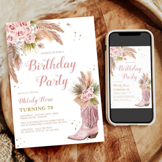 Boho Cowgirl Boot Pampas Grass Roses 70th Birthday Invitation (Boho Cowgirl Boot Pampas Grass Roses 70th Birthday Invitation)