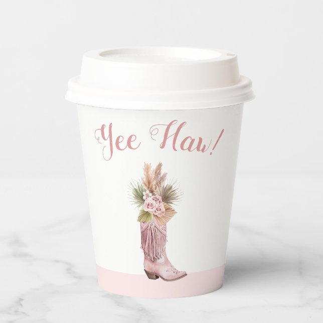 Boho Cowgirl Boot Pampas Grass Roses Birthday Paper Cups (Front)
