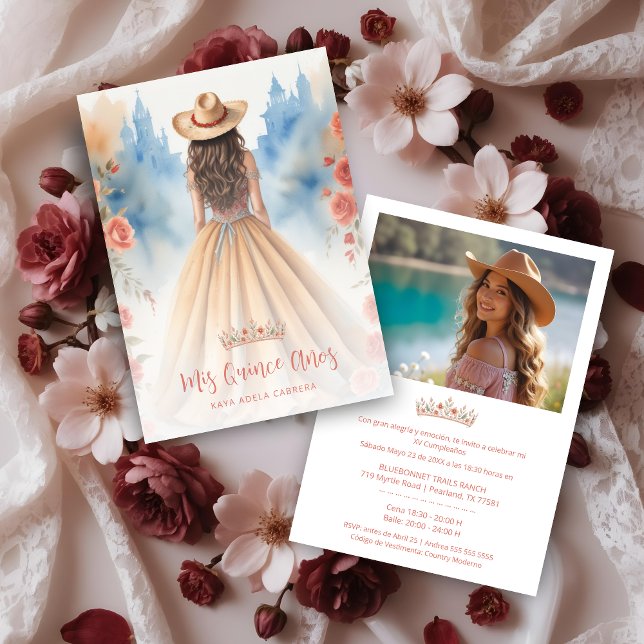 Boho Cowgirl Charming Quinceañera with Hat  Invitation (Boho Cowgirl Charming Quinceañera with Hat Invitation Cards in Spanish with Back Custom Photo.)