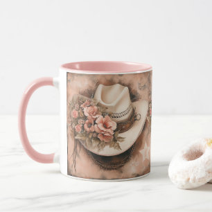 Boho cowgirl hat & salmon flowers mug