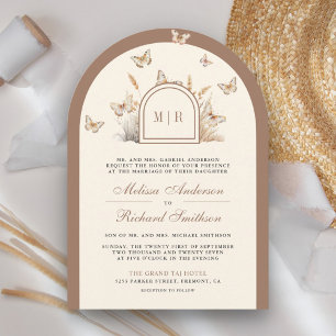 Boho Cream Beige Wildflower Butterfly Arch Wedding Invitation
