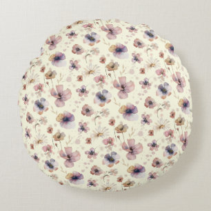 Boho Cream Blush Watercolor Wildflower Round Cushion