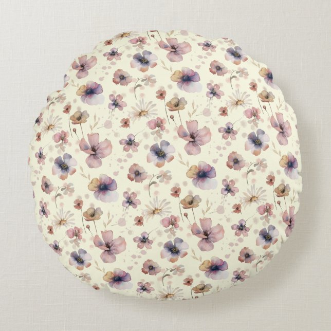 Boho Cream Blush Watercolor Wildflower Round Cushion (Front)