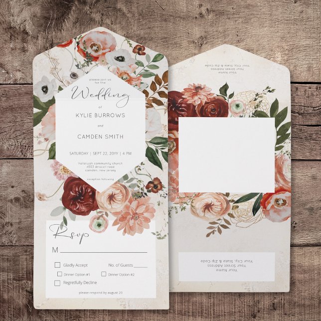 Boho Cream Burgundy Fall Floral Dinner All In One Invitation (Boho Cream Burgundy Fall Floral Dinner All In One Invitation)