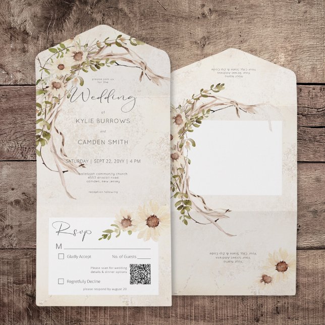 Boho Cream Daisies & Dried Grass QR Code All In One Invitation (Boho Cream Daisies & Dried Grass QR Code All In One Invitation)