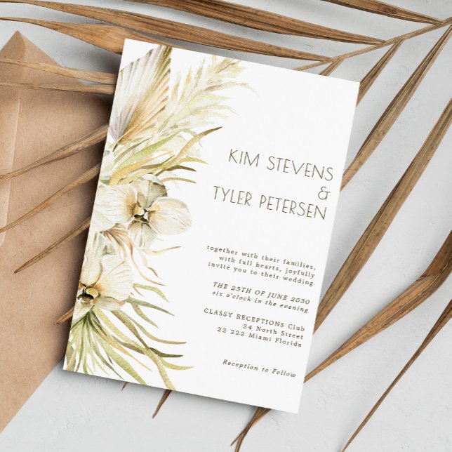 Boho cream floral botanical pampas grass wedding invitation (Creator Uploaded)