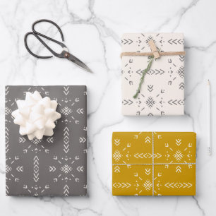 Boho cream, gray and yellow design wrapping paper sheet