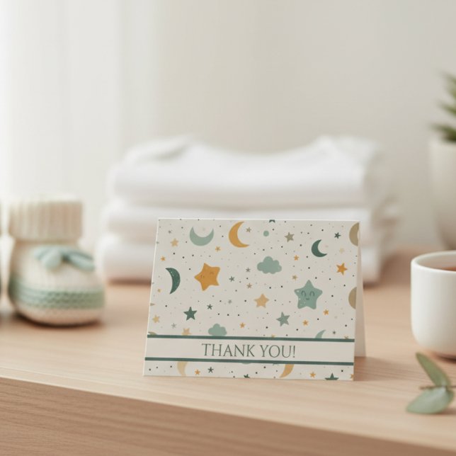 Boho Cream Moons and Stars Adoption Baby Shower Thank You Card (Boho cream baby thank you card featuring stars and moons)