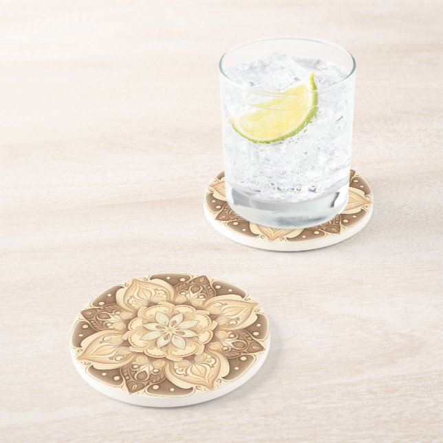 Boho Cream Swirl Hearts Sandstone Coaster (Side)