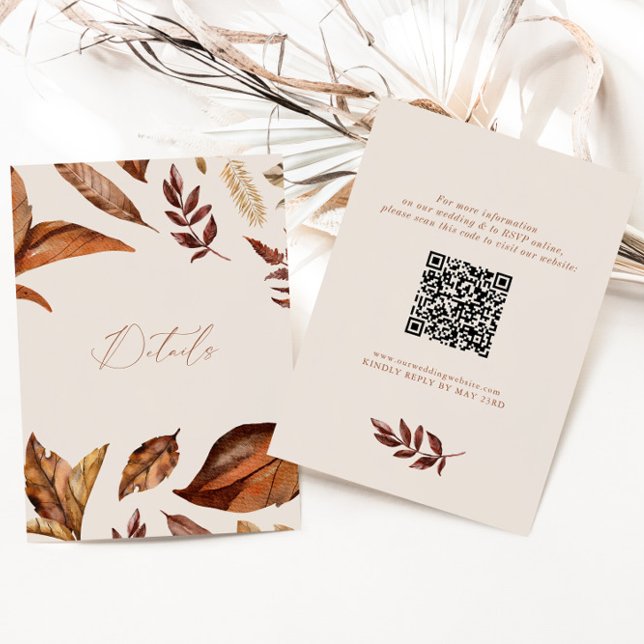 Boho Cream & Terracotta Leaves QR code Wedding Enclosure Card (Creator Uploaded)