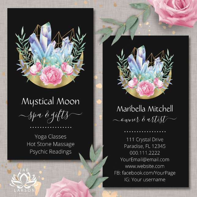 Boho Crescent Moon Crystal Cluster Pink Roses Business Card (Creator Uploaded)