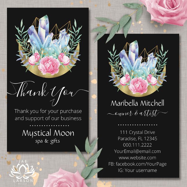 Boho Crescent Moon Crystal Cluster Pink Roses Business Card (Creator Uploaded)