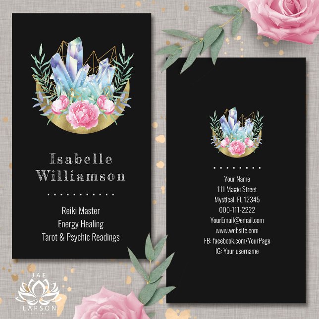 Boho Crescent Moon Crystal Cluster Pink Roses Chic Business Card (Creator Uploaded)