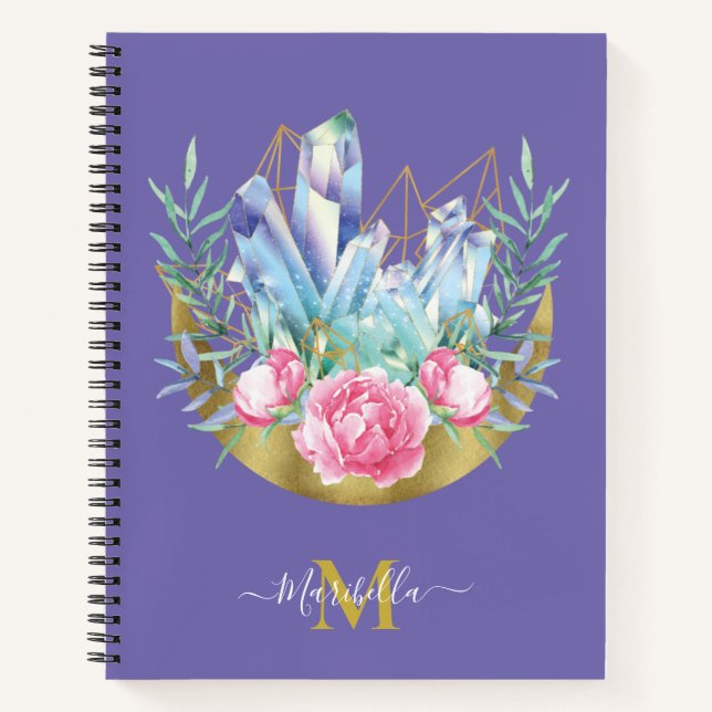 Boho Crescent Moon Crystal Cluster Pink Roses Notebook (Front)