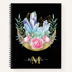 Boho Crescent Moon Crystal Cluster Pink Roses Notebook