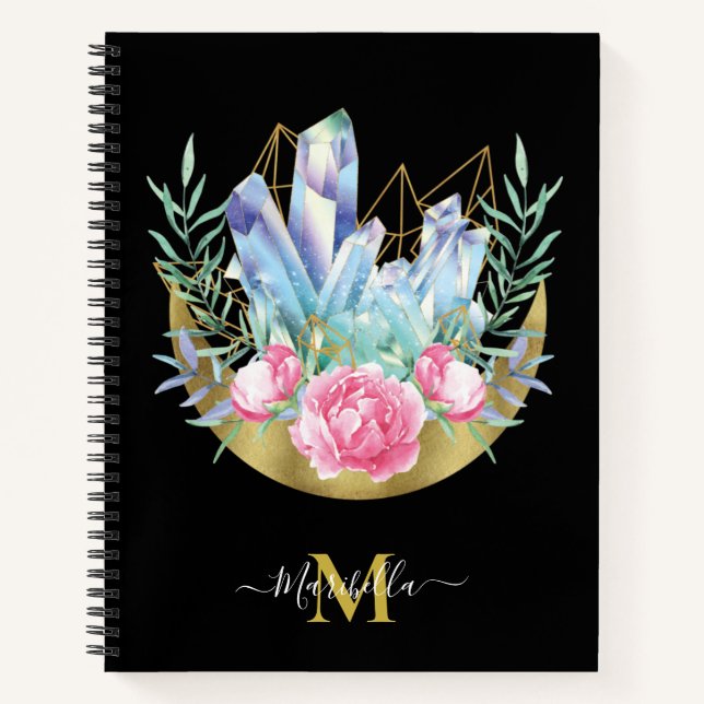 Boho Crescent Moon Crystal Cluster Pink Roses Notebook (Front)