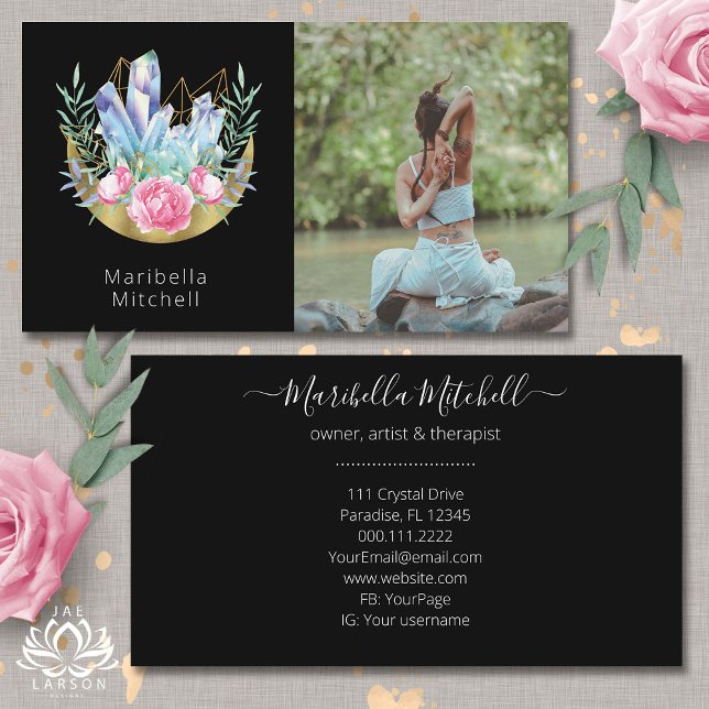 Boho Crescent Moon Crystals Pink Roses Photo  Business Card (Creator Uploaded)